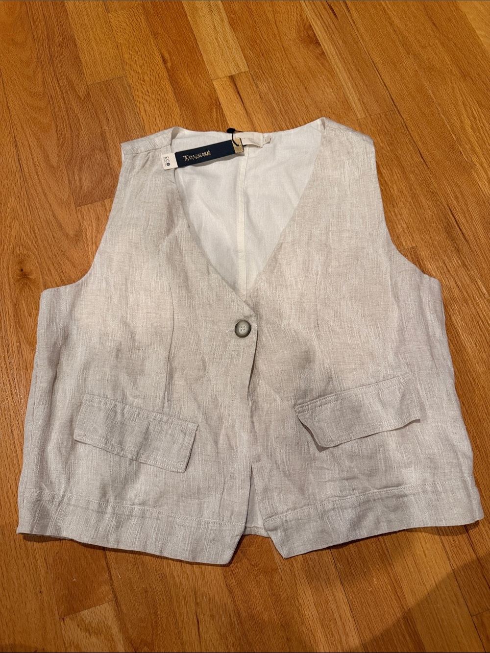 Touché Light Beige Linen-Blend V-Neck Vest Size Lagre
